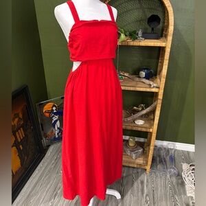 Red Linen Blend Side Cut Out Criss Cross Strap Midi Sleeveless Dress